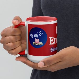 A woman holding up a Large Bank of Entitlement Mug with the words b e n e r i o n.