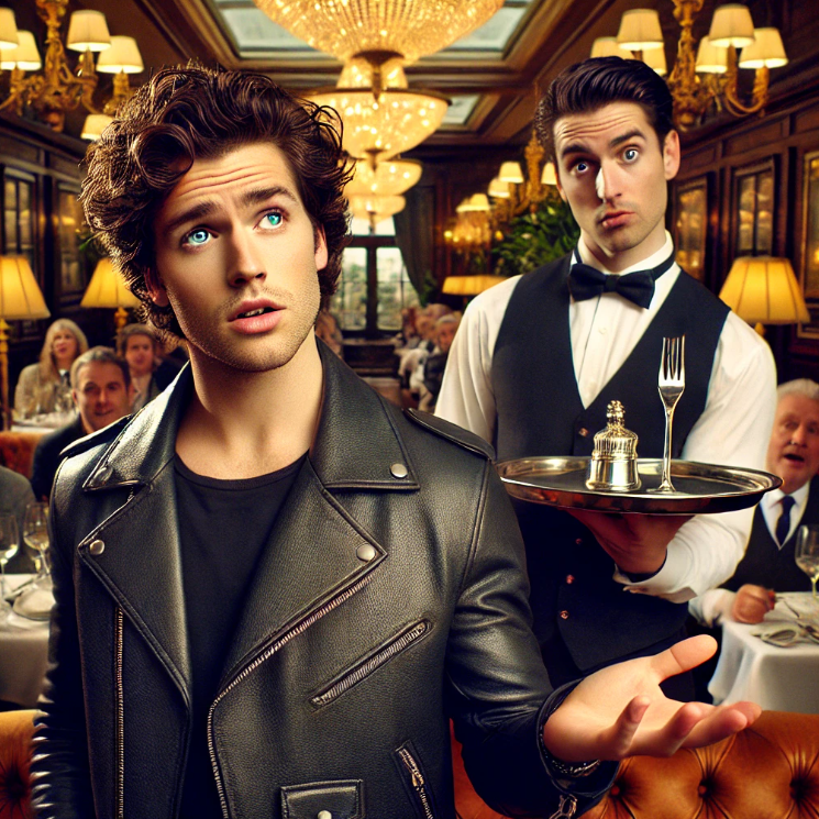 A young man in a leather jacket looks surprised in a restaurant as a waiter carrying a silver tray with a fork and pepper shaker stands behind him. Other diners in the background appear amused.
