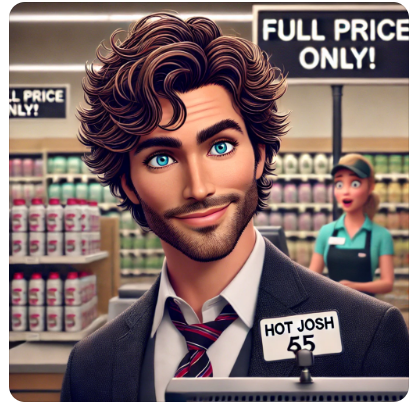 Animated man with curly hair and beard in a suit, labeled "Hot Josh 55," stands in a store with a sign reading "Full Price Only!" in the background. Woman in uniform is behind him, surprised.