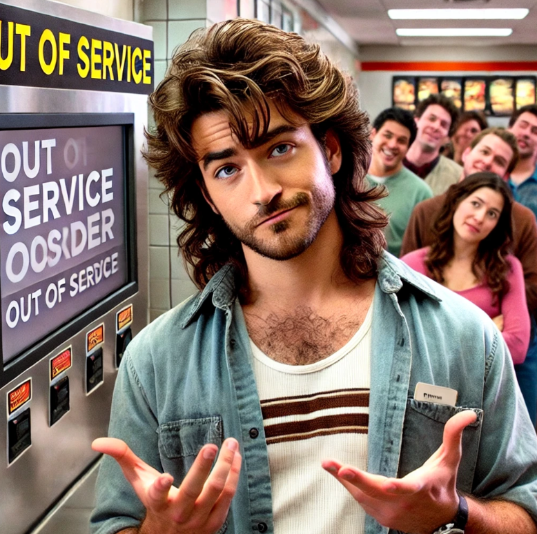 A man stands in front of an "Out of Service" machine, gesturing with his hands. People are lined up behind him in a fast-food restaurant, looking amused or confused.