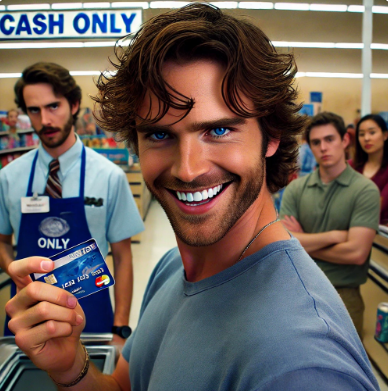 Man smiling and holding a credit card in a store marked "Cash Only," with three people in the background watching.