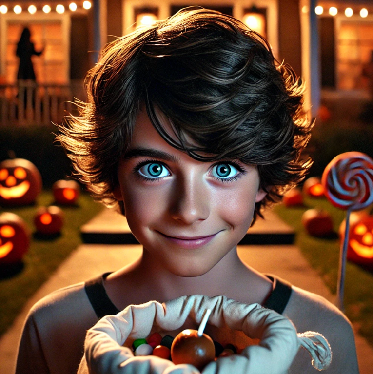 A child with curly hair and bright eyes holds a candy bag and a lollipop, standing in front of a house decorated with glowing jack-o'-lanterns.