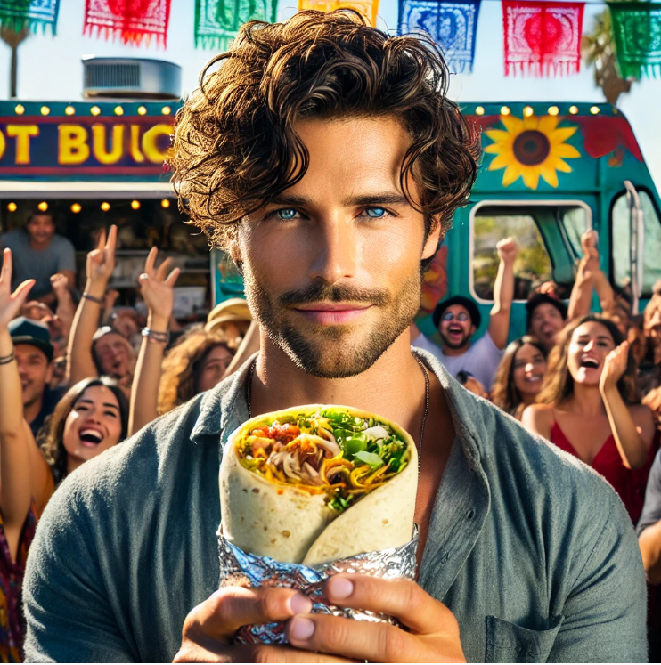 A person holds a burrito in front of a food truck, surrounded by a cheering crowd under colorful flags.