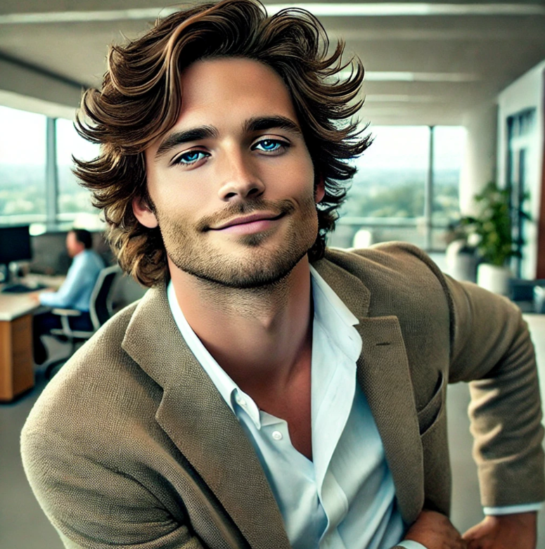 A man with wavy hair and a beard smiles while leaning forward in a bright, modern office.