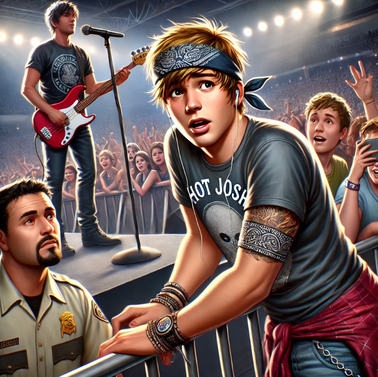 Concert scene with band performing on stage. A young man stands near the barricade, wearing a bandana and bracelets. Security personnel are present, and the crowd is engaged with the performance.
