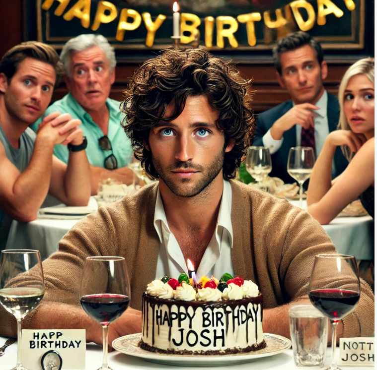 A man sits at a table with a birthday cake that reads "Happy Birthday Josh." Five people are in the background, with a "Happy Birthday" sign hanging above.