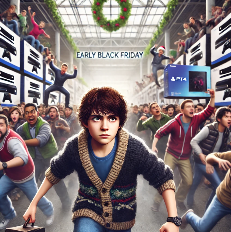 Crowd rushes through a store for Early Black Friday deals, with a boy in the foreground holding shopping bags. Signs for PlayStation 4 seen in the background.