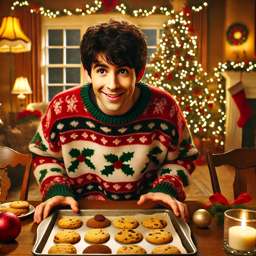 A person in a festive sweater holds a tray of cookies in a warmly decorated holiday room with a Christmas tree and stockings.