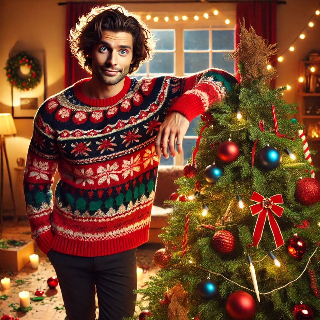 Man in a festive sweater standing next to a decorated Christmas tree inside a cozy, warmly-lit room.