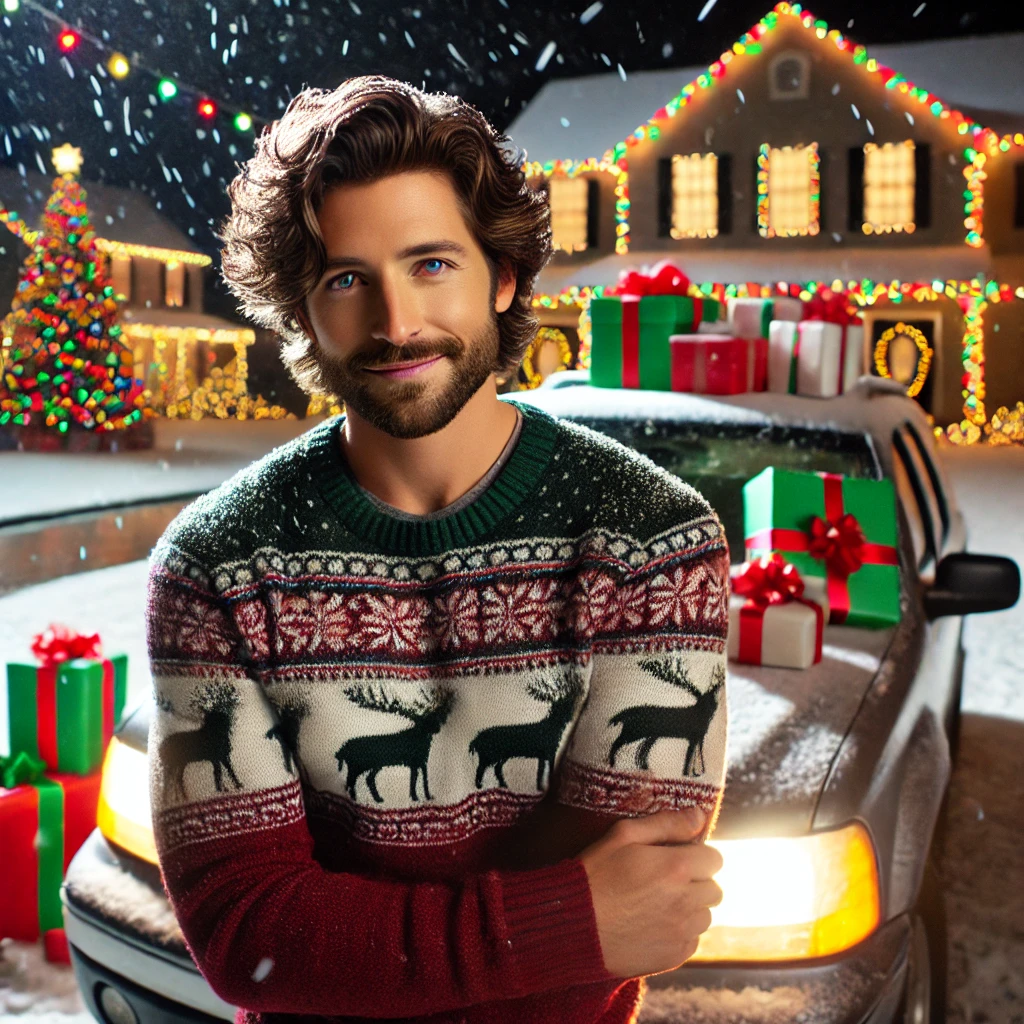 A person in a patterned sweater stands in front of a car and a house decorated with Christmas lights, with wrapped gifts on the car's hood in a snowy setting.