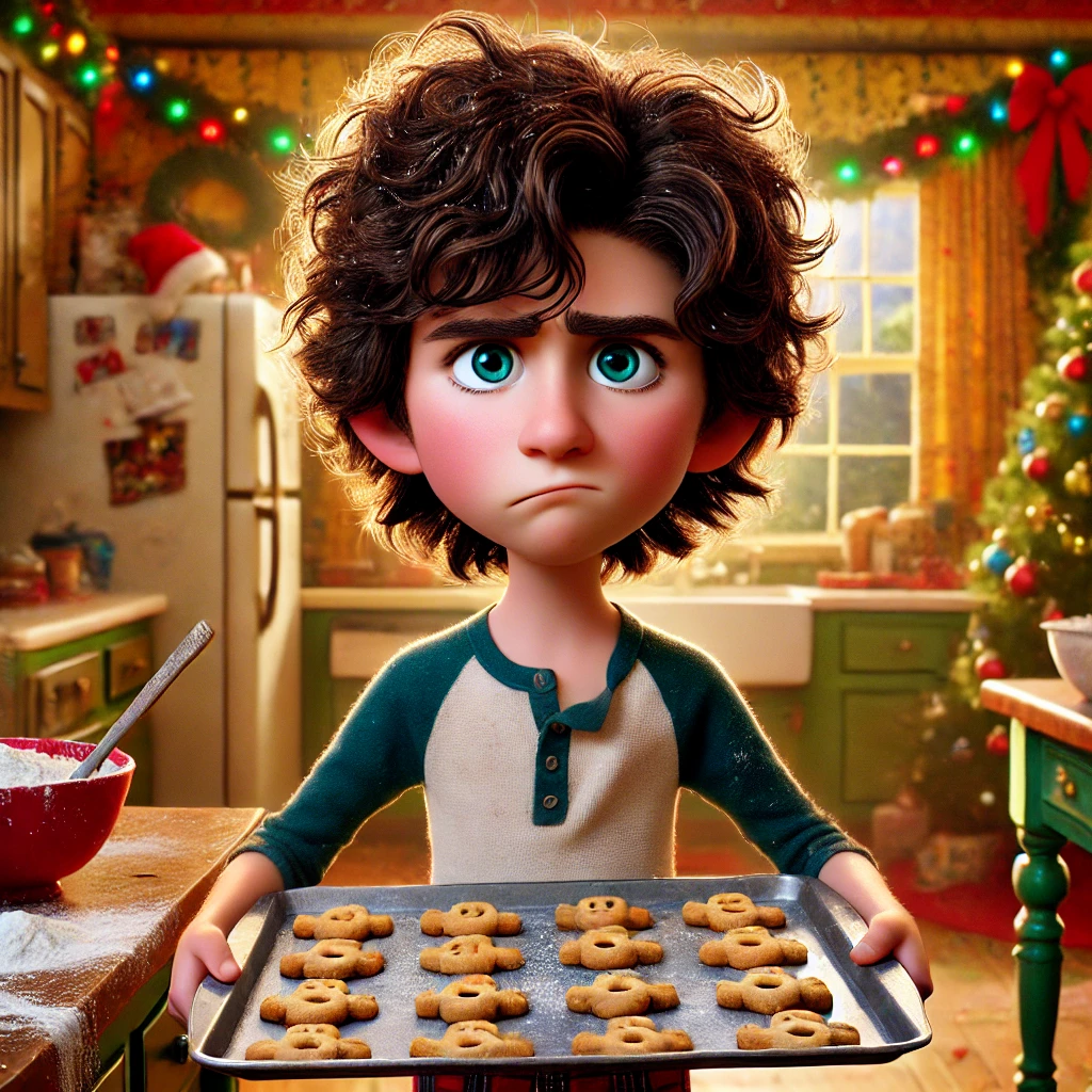 A young animated character with curly hair holds a tray of cookies in a festive kitchen decorated with holiday lights and a Christmas tree.