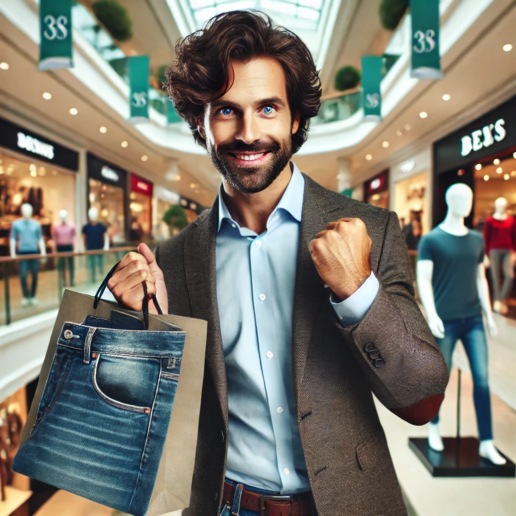 A man in a mall triumphantly holds a shopping bag with jeans, smiling with one hand in a fist.
