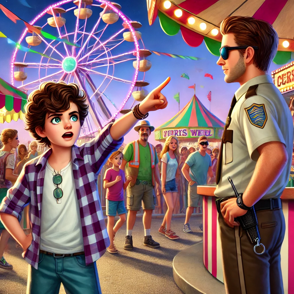 A child points toward a carnival scene while talking to a security officer. A Ferris wheel and colorful tents are visible in the background, with people walking around.