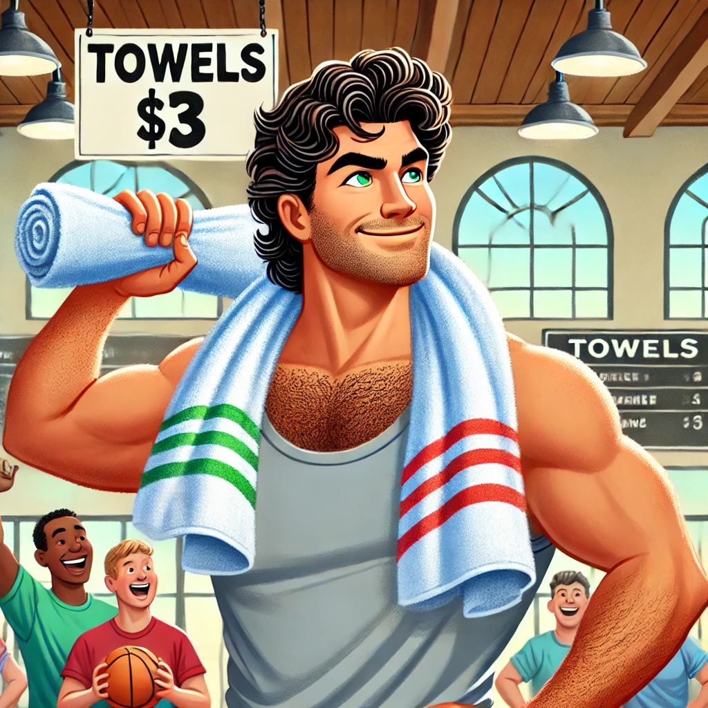 Cartoon man in a gym holding a towel over his shoulder with a $3 sign above, while people smile in the background.
