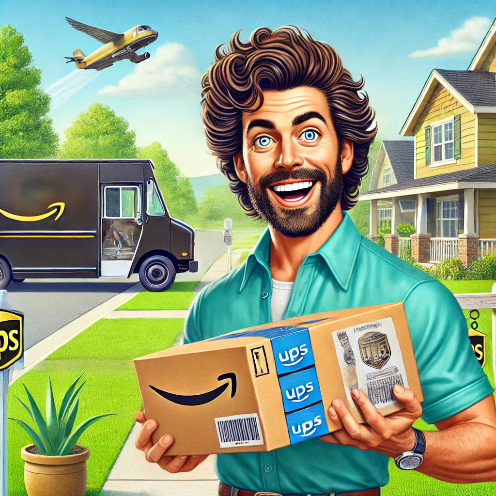 A man with curly hair and a beard smiles while holding Amazon packages. A UPS truck and plane are visible in a suburban neighborhood.
