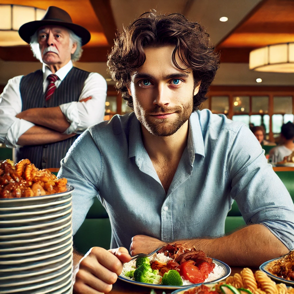 A man with curly hair sits at a table piled with plates of food. An older man in a hat and vest stands behind him with folded arms, looking stern.