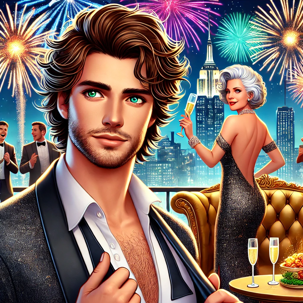 A stylish couple celebrates on a rooftop with fireworks in the background. The man adjusts his jacket while the woman raises a champagne glass. Others mingle nearby.