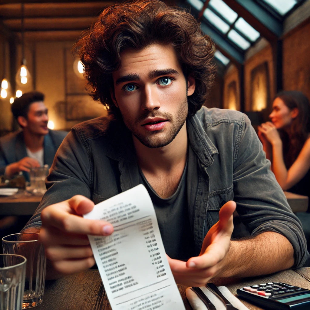 A man with wavy hair holds out a restaurant bill at a table. Two people are talking in the background. The setting is a warmly lit dining area with exposed brick walls.