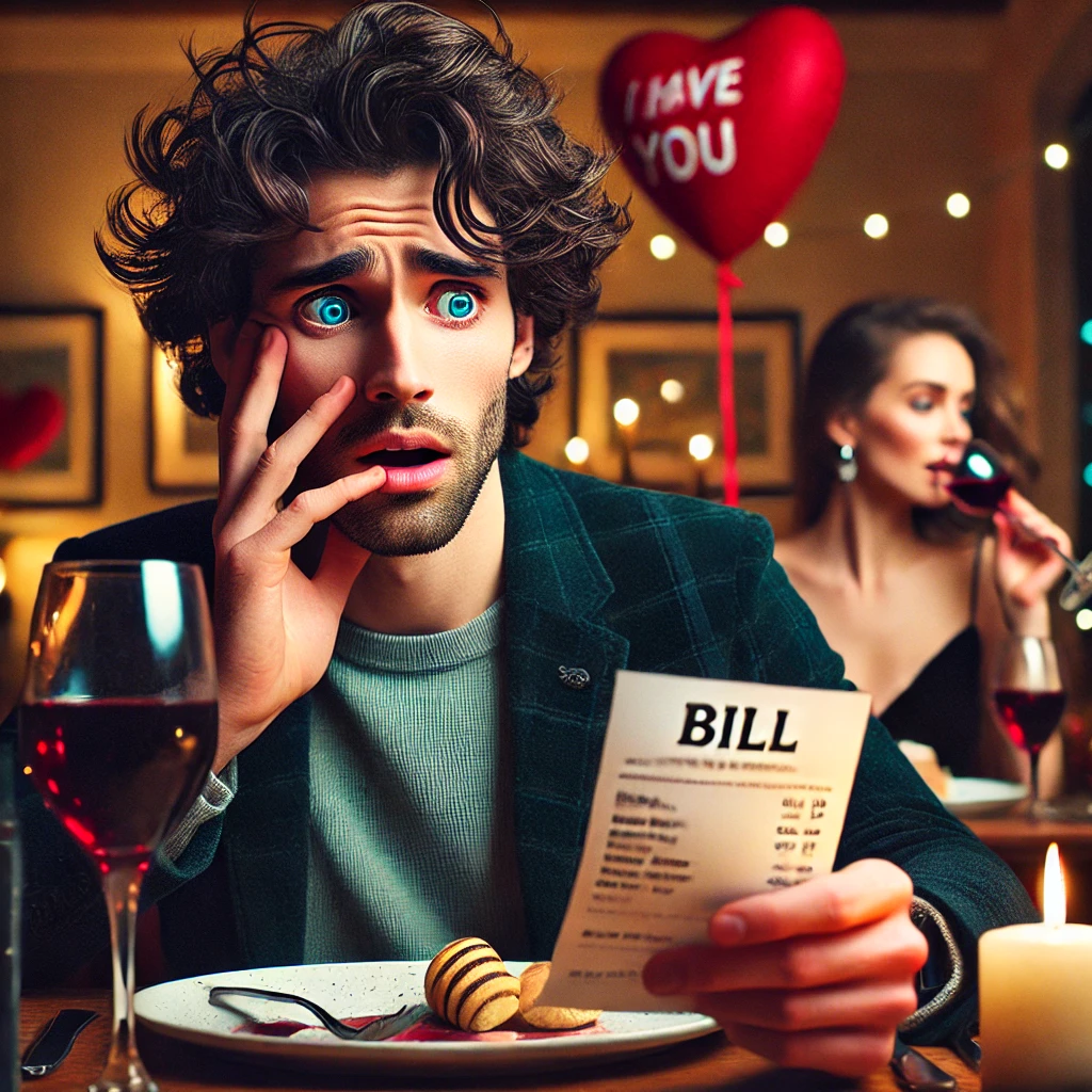 Man looking shocked at a bill while holding it; woman in background drinks wine with a heart-shaped balloon reading "I love you.
