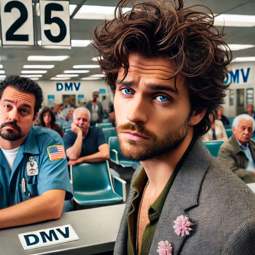 A man with tousled hair looks into the camera at a DMV office. Others sit in the background.