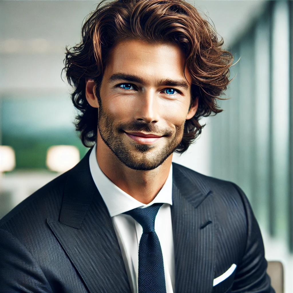 Man with wavy brown hair and beard wearing a suit and tie, sitting indoors with a blurred background.