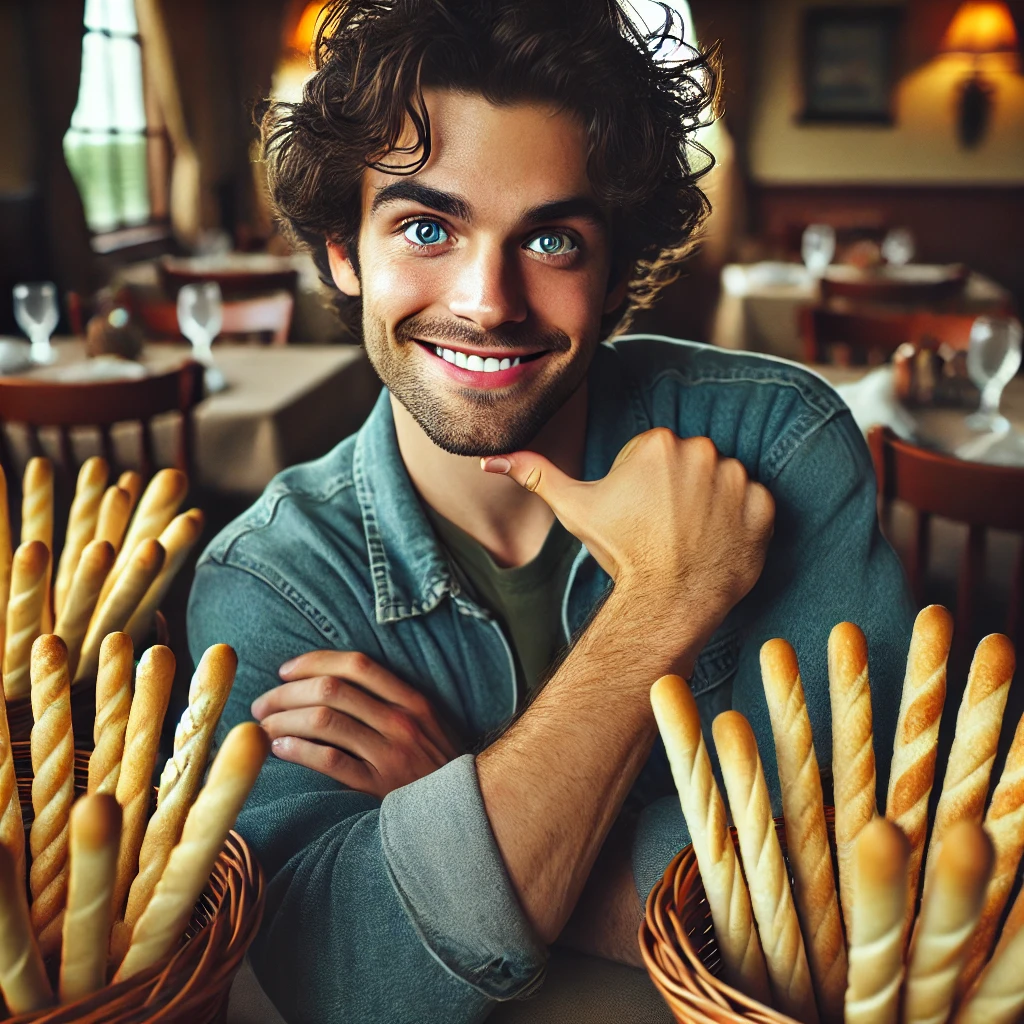 Smiling person in denim jacket sitting at a table in a restaurant, gesturing with a thumb up. Baskets of breadsticks are prominently displayed in the foreground.
