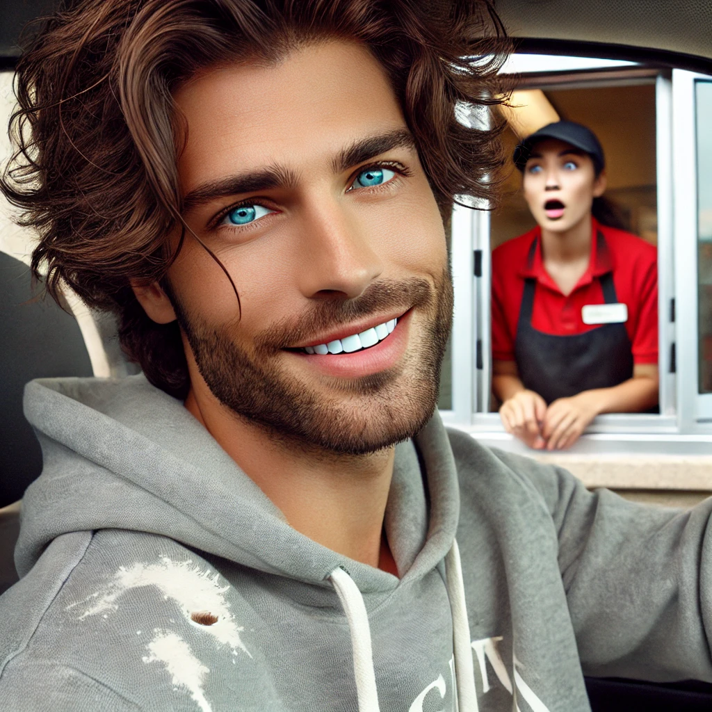 Man with curly hair and a hoodie smiles at a drive-thru window; an employee wearing a cap and red shirt looks surprised in the background.