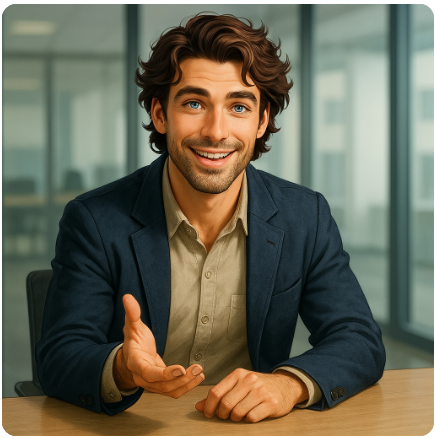 A man with brown hair and a beard sits at a table, wearing a navy blazer and beige shirt, smiling with an open palm gesture.