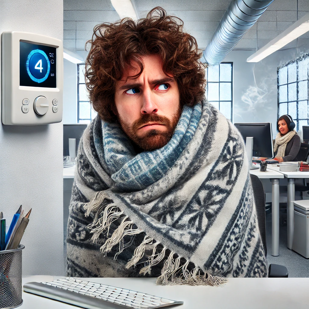 Man wrapped in a patterned blanket, sitting in an office, looking cold. A wall thermostat shows 4°C. Another person is visible in the background.