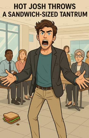 Animated man in a suit shouting, surrounded by surprised people in a cafeteria. A sandwich is on the floor. Text above reads, "Hot Josh throws a sandwich-sized tantrum.